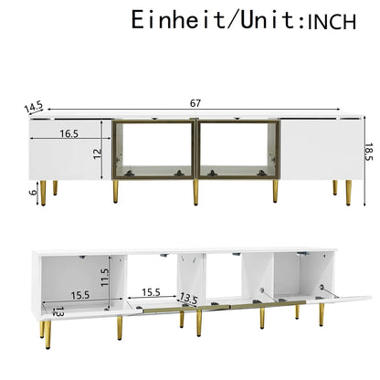 TV Stand, 4 Doors, Handles, Tempered Glass, LED Light, 67" L x 14.5" W x 18.5" H, White+Gold TV Stands at Gallery Canada