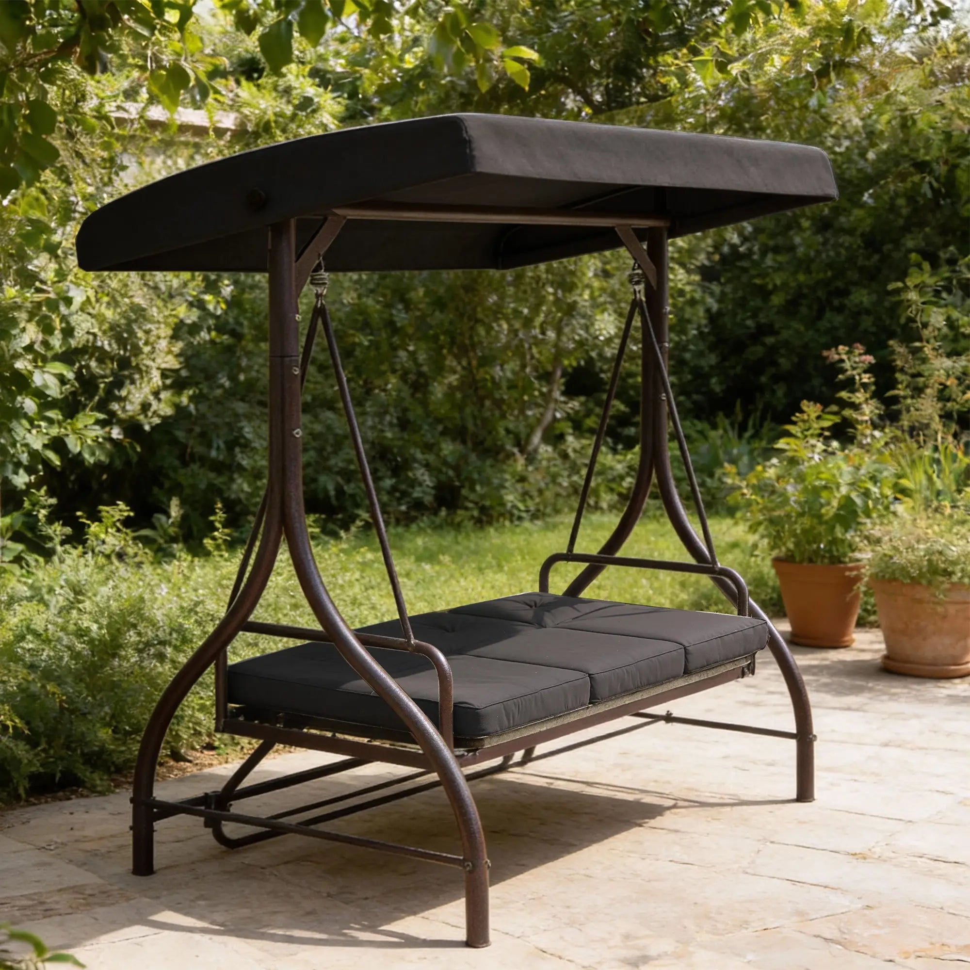 Convertible Patio Swing Bed With Canopy, Cushions, 3 Seater, Black Patio Swings with Stand at Gallery Canada