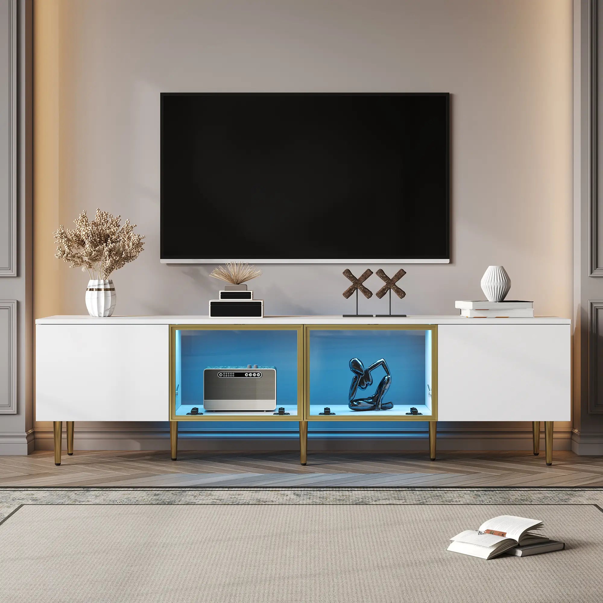 TV Stand, 4 Doors, Handles, Tempered Glass, LED Light, 67