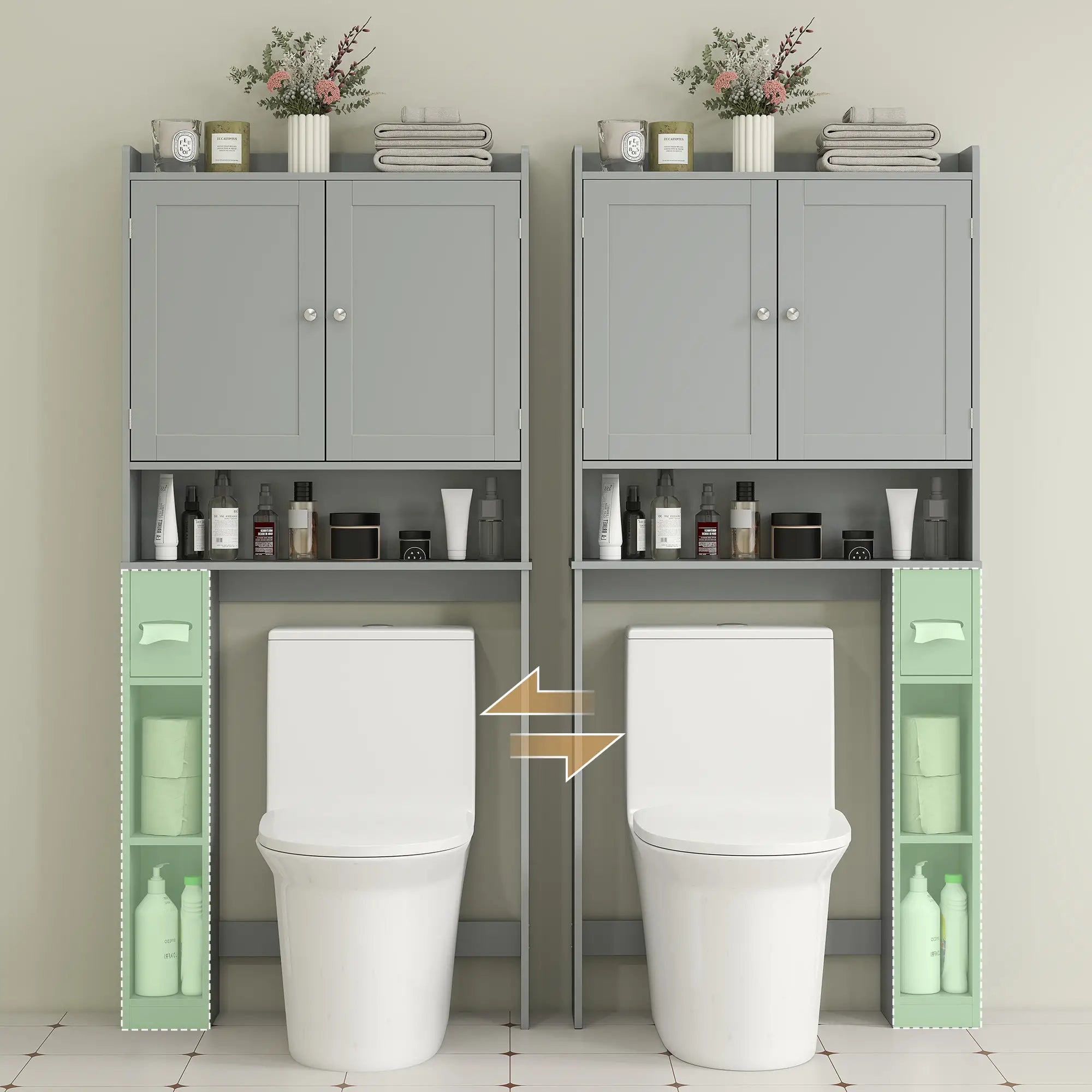 Over Toilet Storage Cabinet, 2 Doors, Toilet Paper Holder, Grey Bathroom Cabinets at Gallery Canada