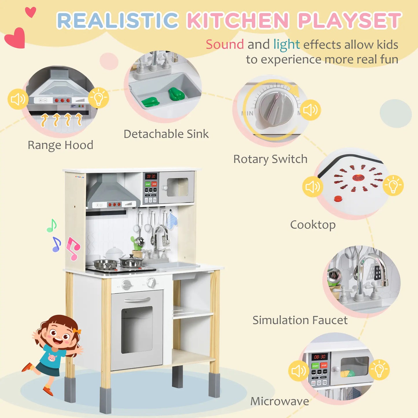 Wooden Play Kitchen, Realistic Lights Sounds, Microwave, Range Hood, White Play Kitchen at Gallery Canada