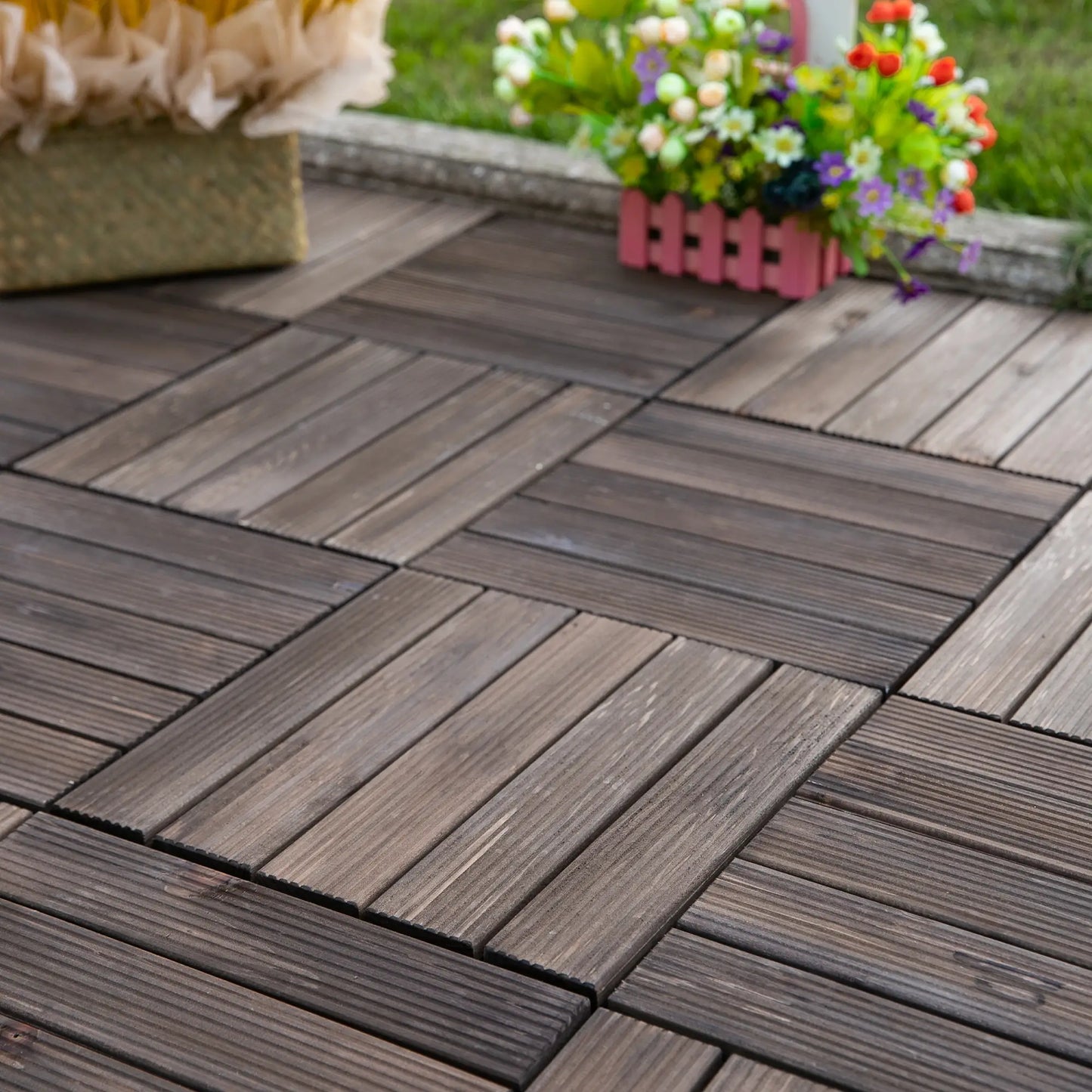 27 Pcs Wood Interlocking Deck Tiles, 12 x 12in, Black Deck Tiles at Gallery Canada