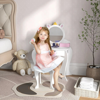 Kids Makeup Vanity Set with Stool, Mirror, Drawer, Unicorn Design, White Toy Vanity at Gallery Canada