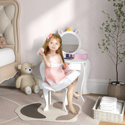 Kids Makeup Vanity Set with Stool, Mirror, Drawer, Unicorn Design, White