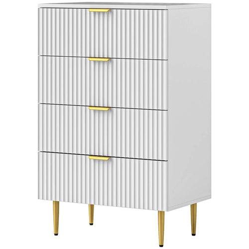 Modern 4 Drawer Dresser, Gold Legs, Bedroom Chest, White