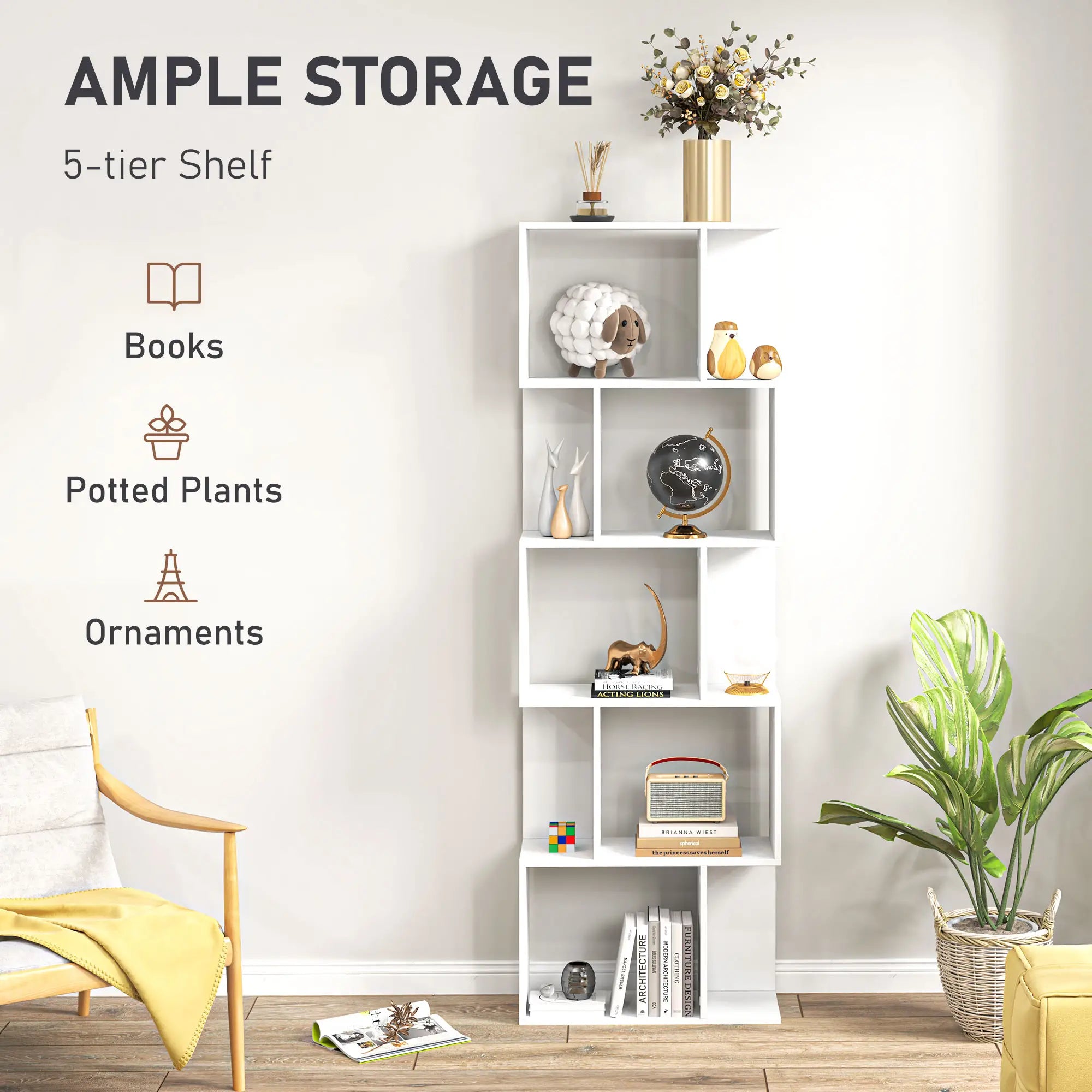 5-Tier Geometric Bookshelf, S Shaped Bookcase, White Display Bookshelves at Gallery Canada