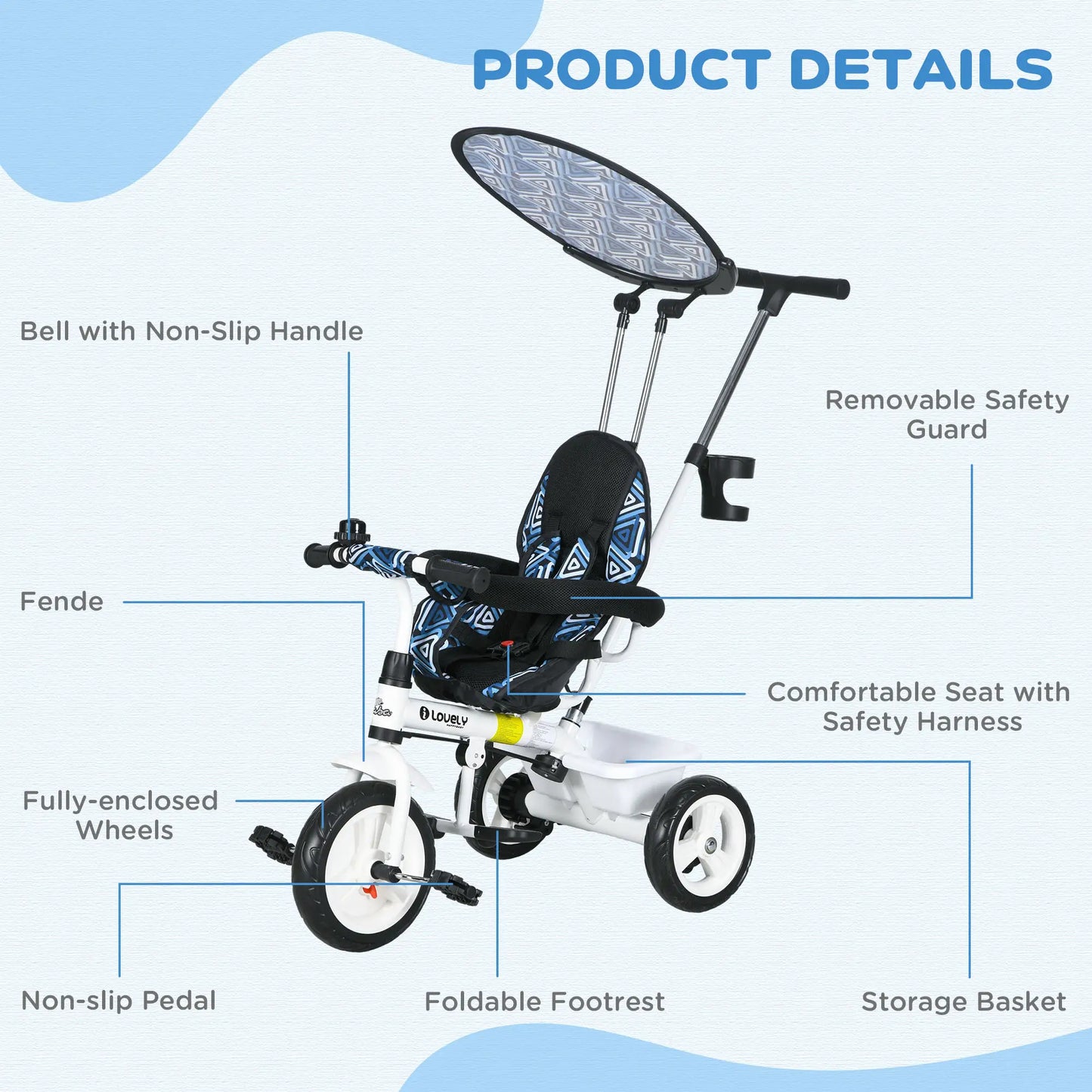 6 in 1 Kids Tricycle, Removable Handlebar, Canopy, Blue Tricycles for Kids at Gallery Canada