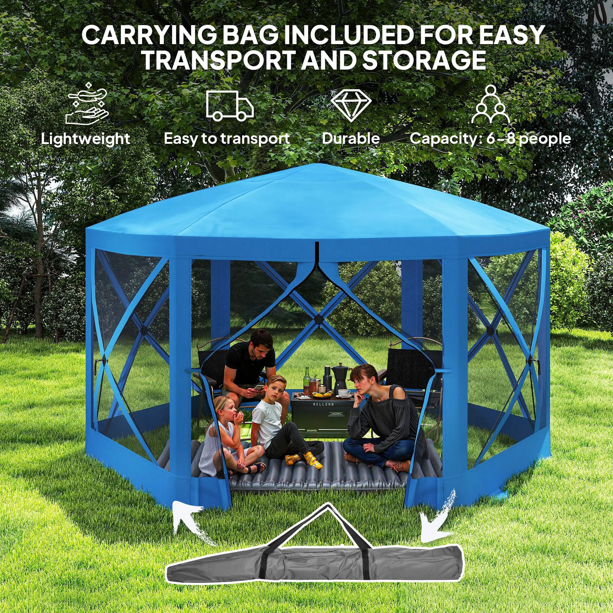 12' x 12' Hexagon Pop Up Screen Tent, Camping Shelter With Mesh Sidewalls, Carry Bag, Blue Pop Up Canopies at Gallery Canada