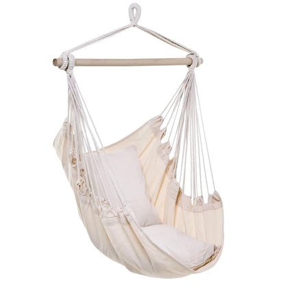 Hanging Macrame Chair, Cotton w/ Two Cushions, Indoor Outdoor, White Hammock Swings Cream at Gallery Canada
