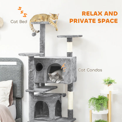 54" Cat Tree, Multi-Level Tower With Scratching Posts, Light Grey