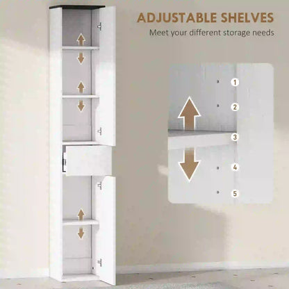 Tall Bathroom Cabinet, 2 Cupboards And Drawer, Adjustable Shelves, White