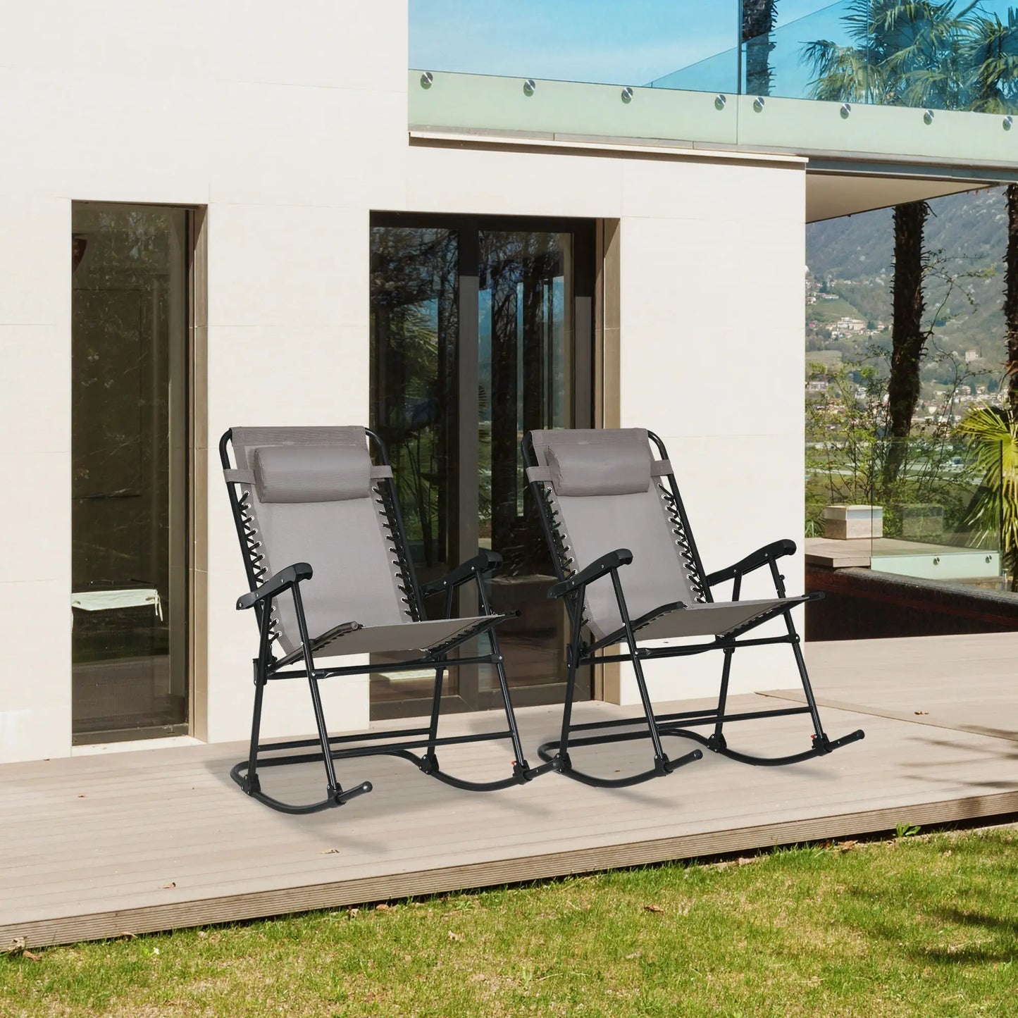 2pc Foldable Rocking Chair Set, Breathable Mesh Seat, Headrest, Grey Outdoor Rocking Chairs at Gallery Canada