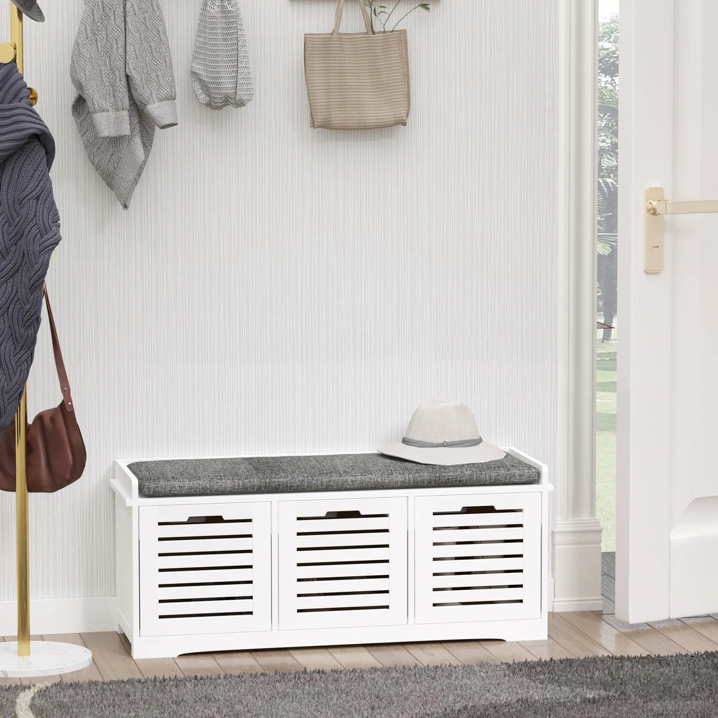 Upholstered Shoe Cabinet Bench, 3 Drawer Storage, White Shoe Storage Cabinets & Racks at Gallery Canada