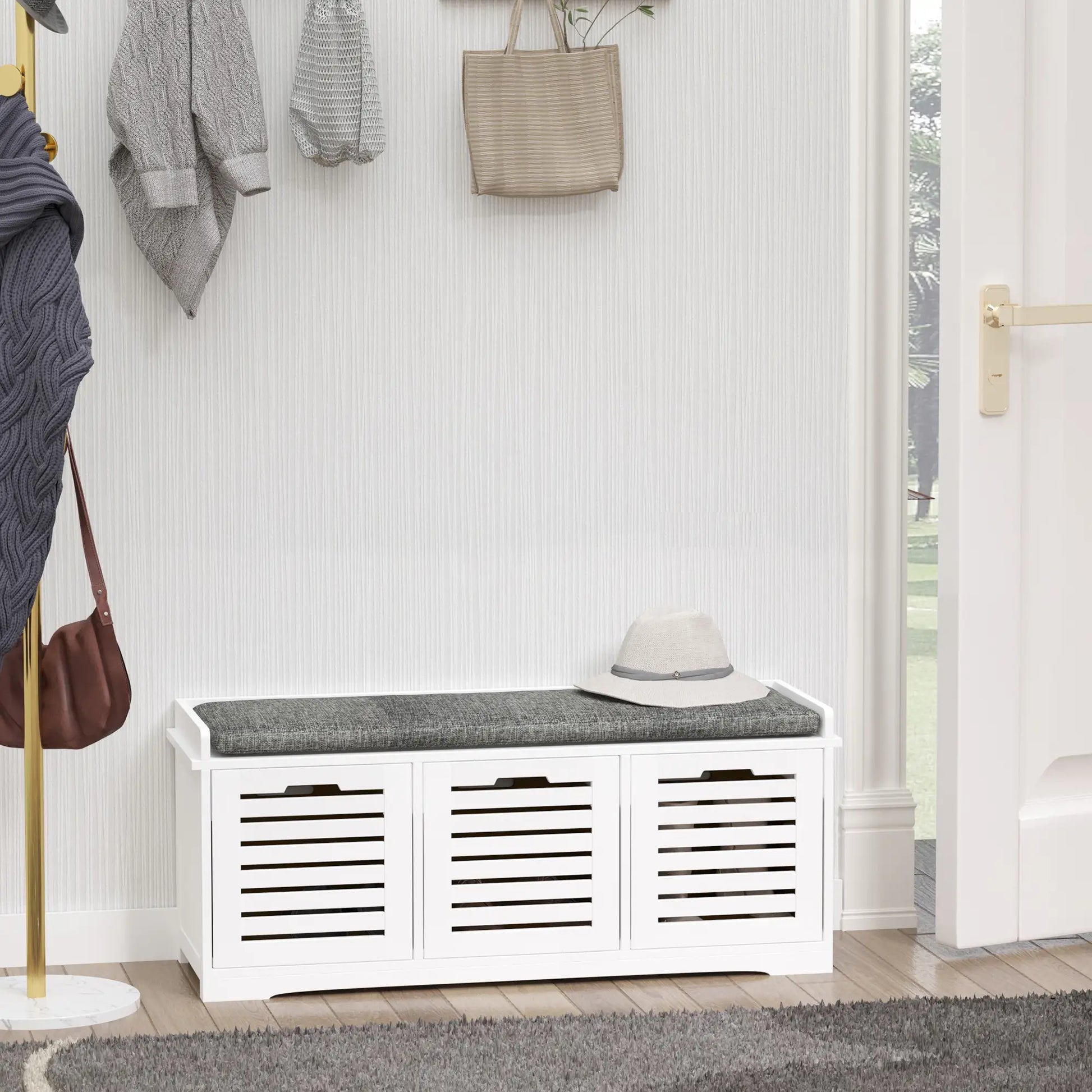 Upholstered Shoe Cabinet Bench, 3 Drawer Storage, White Shoe Storage Cabinets & Racks at Gallery Canada