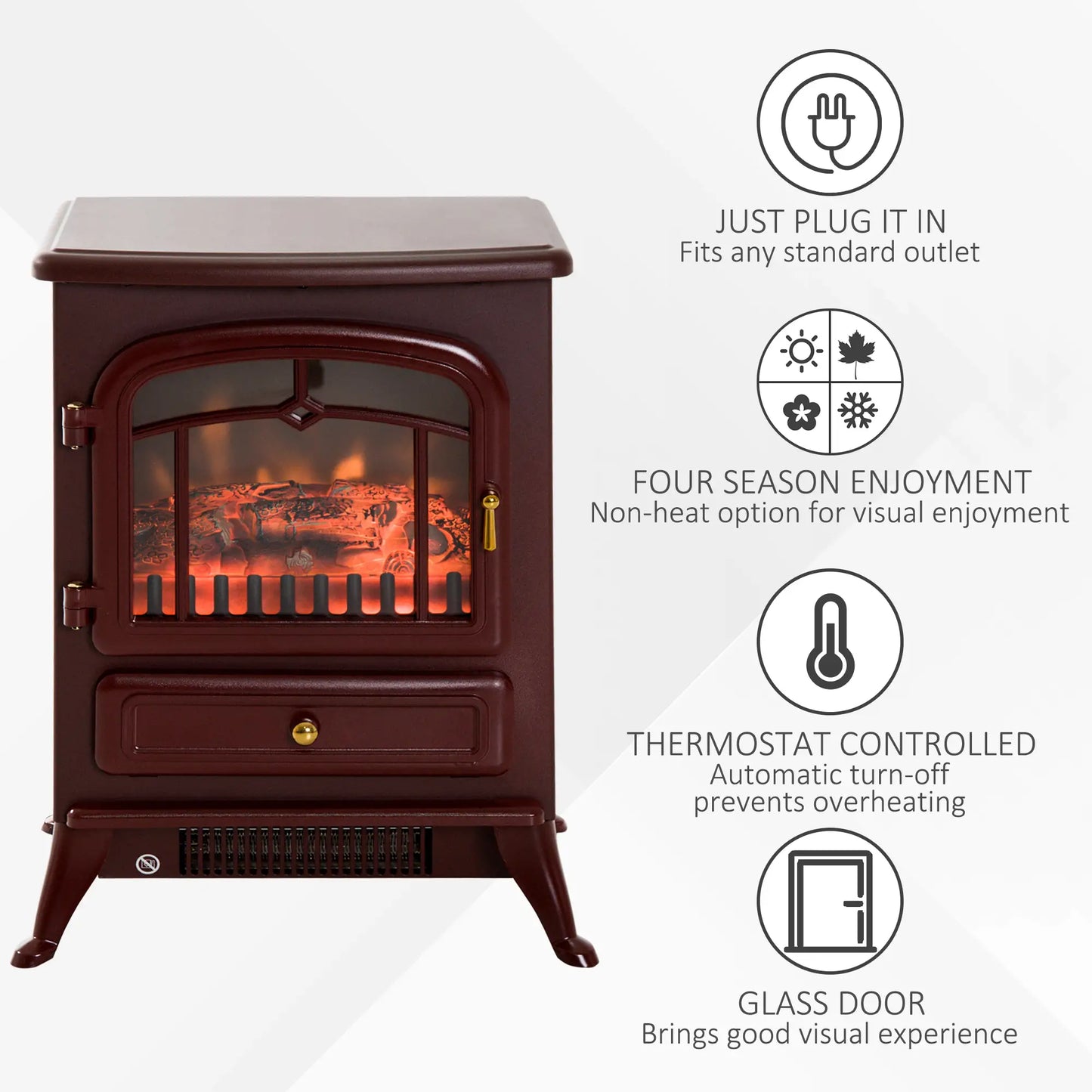 16" Free Standing Electric Fireplace, Adjustable Stove Heater, Wood Burning Flame, 750/1500W, Red Brown Electric Fireplaces at Gallery Canada