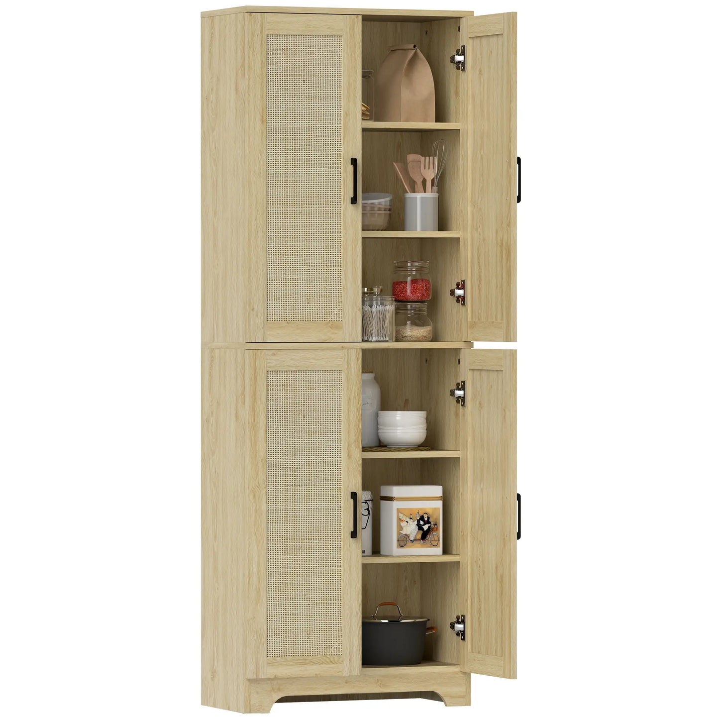 67" Tall Kitchen Pantry, Freestanding Cabinet, 4 Rattan Doors, Adjustable Shelves, Oak Storage Cabinets at Gallery Canada