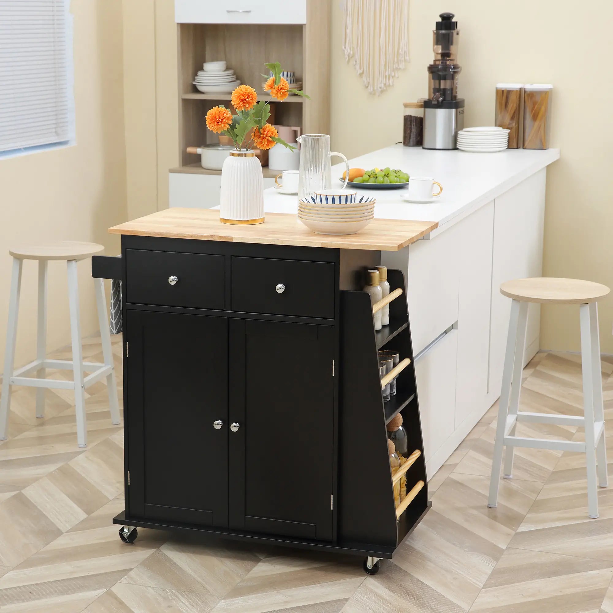 Rolling Kitchen Island Cart, Rubber Wood Top, 3-Tier Spice Rack, Black Kitchen Islands & Kitchen Carts at Gallery Canada