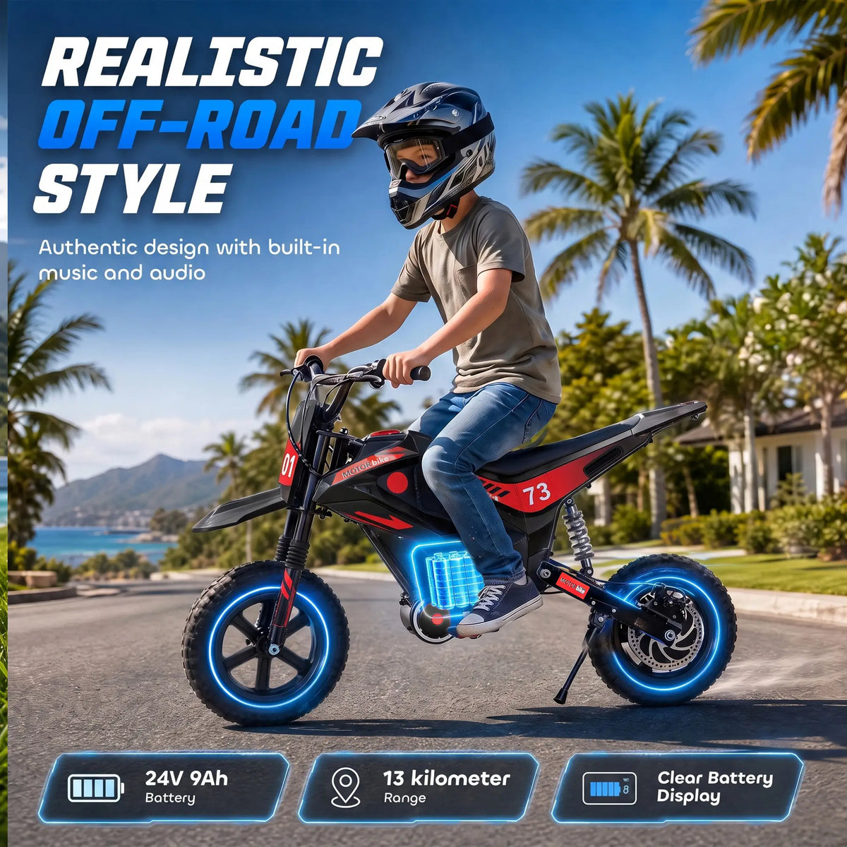 24V Kids Electric Motorcycle, Black, 12" Rubber Tires, Black Electric Motorcycles at Gallery Canada