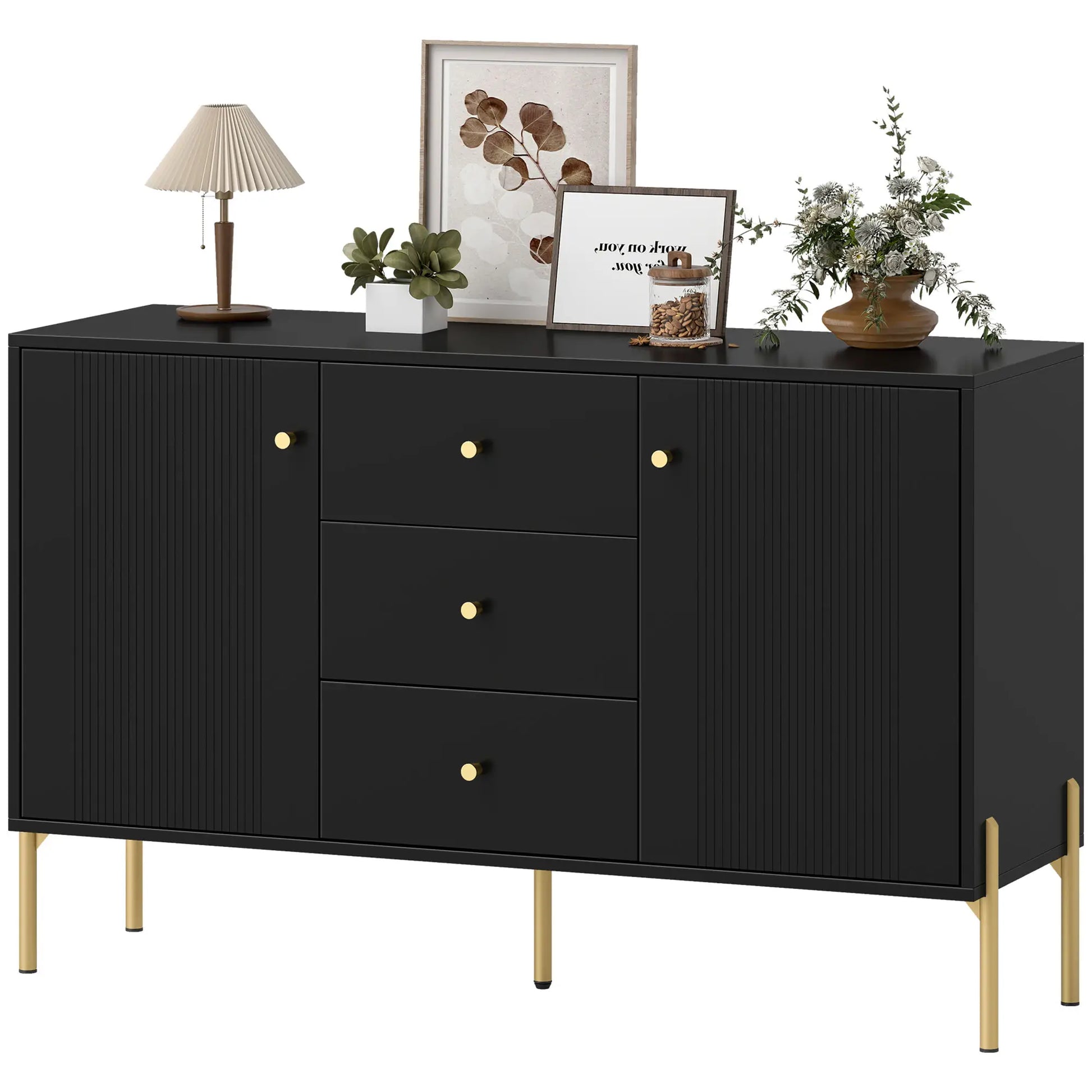 Buffet Cabinet, Modern Sideboard with 3 Drawers and 2 Shelves, Black Storage Cabinets Black, Gold at Gallery Canada