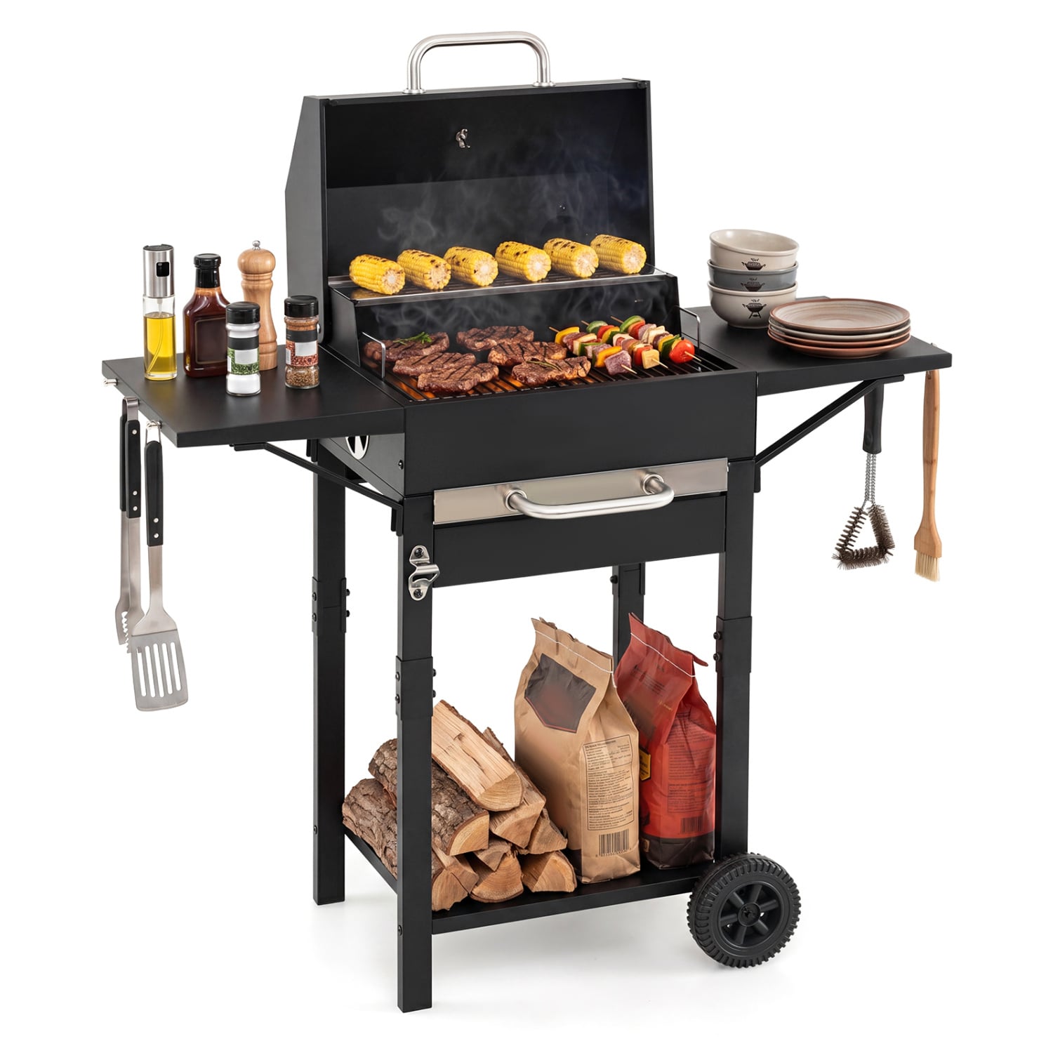 Charcoal Grill with 2 Side Tables & Thermometer and Wheels 284 sq.in. Outdoor Grills at Gallery Canada