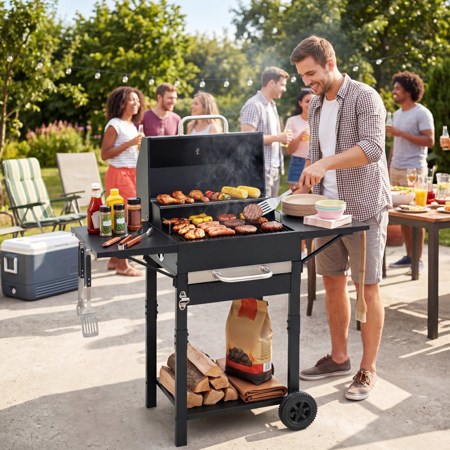 Charcoal Grill with 2 Side Tables & Thermometer and Wheels 284 sq.in. Outdoor Grills at Gallery Canada