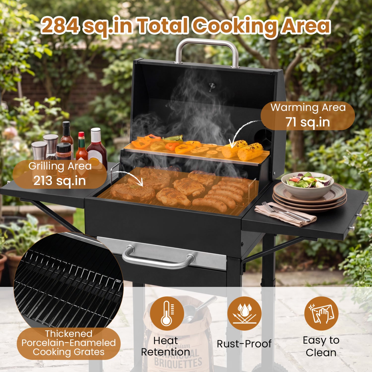 Charcoal Grill with 2 Side Tables & Thermometer and Wheels 284 sq.in. Outdoor Grills at Gallery Canada
