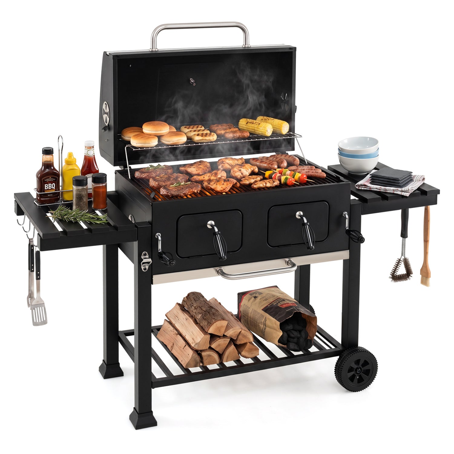 Large Charcoal Grill with Lifting Charcoal Trays and Folding Tables and Wheels Outdoor Grills Black at Gallery Canada
