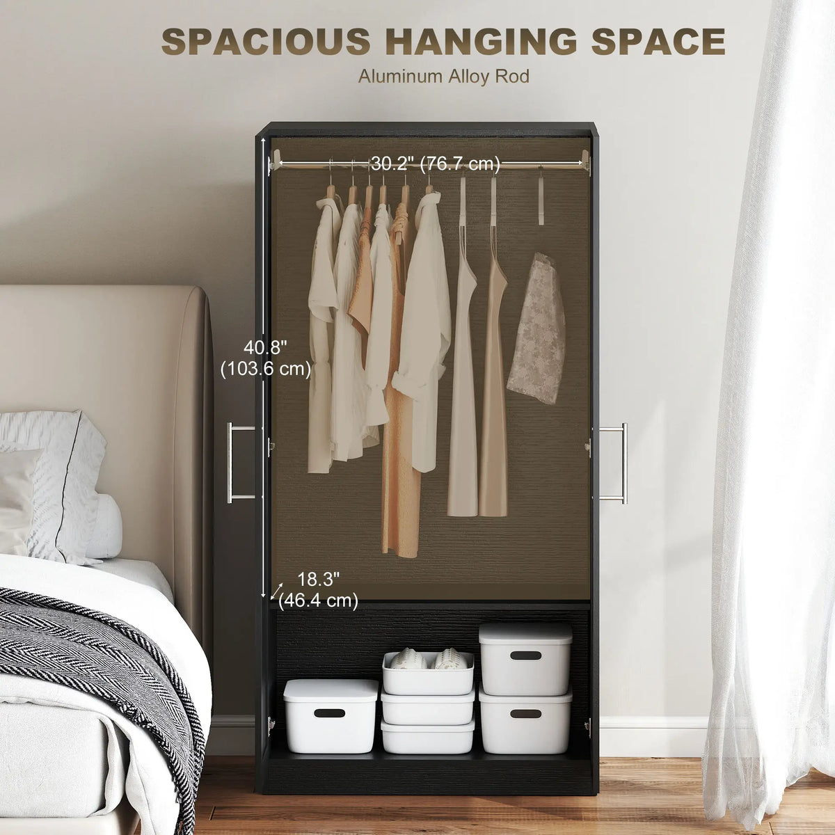 Modern Armoire Wardrobe Cabinet, 2 Doors With Hanging Rod, Black Wood Effect, Black