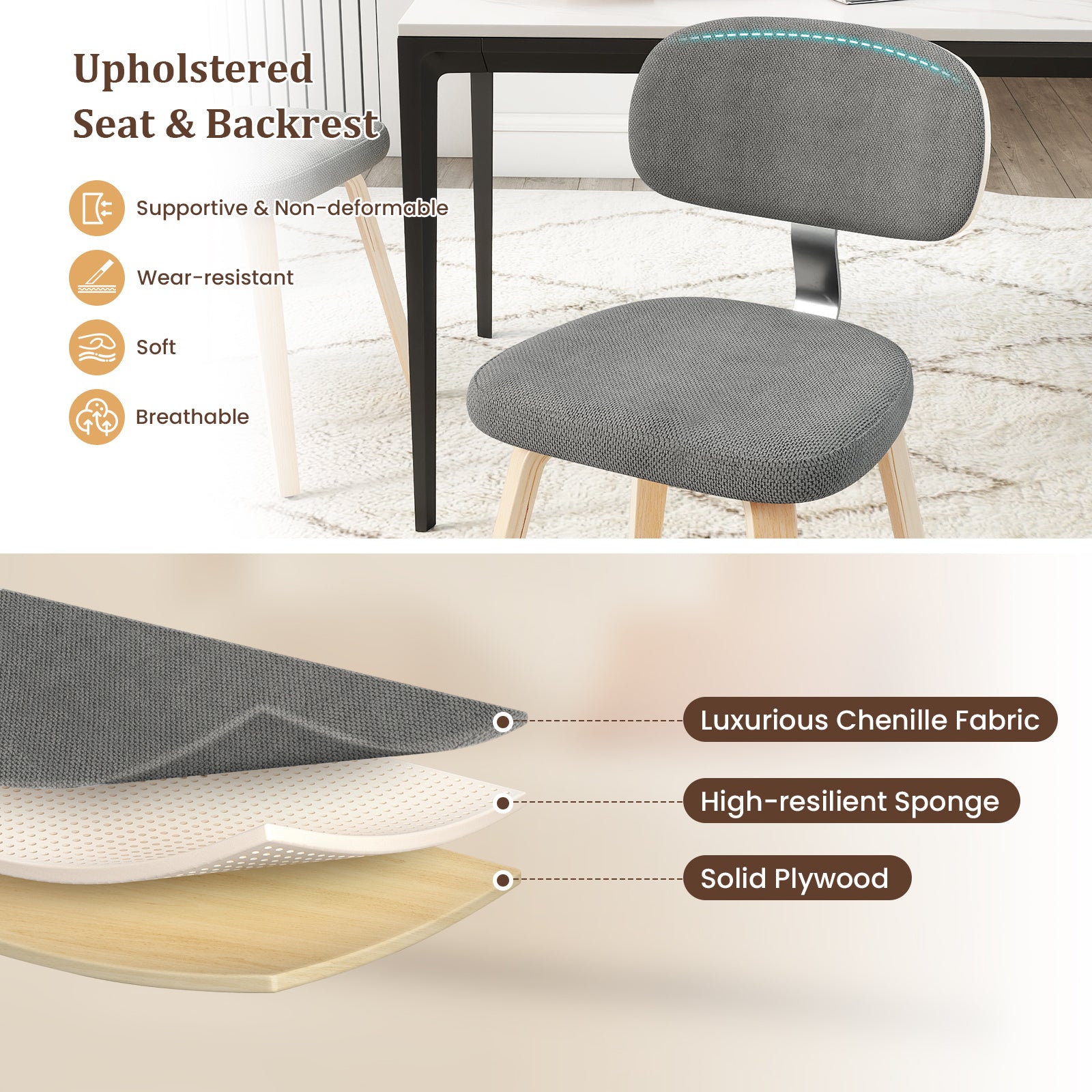 Chenille Fabric Upholstered Wooden Kitchen Chairs Set of 2, Gray Dining Chairs at Gallery Canada