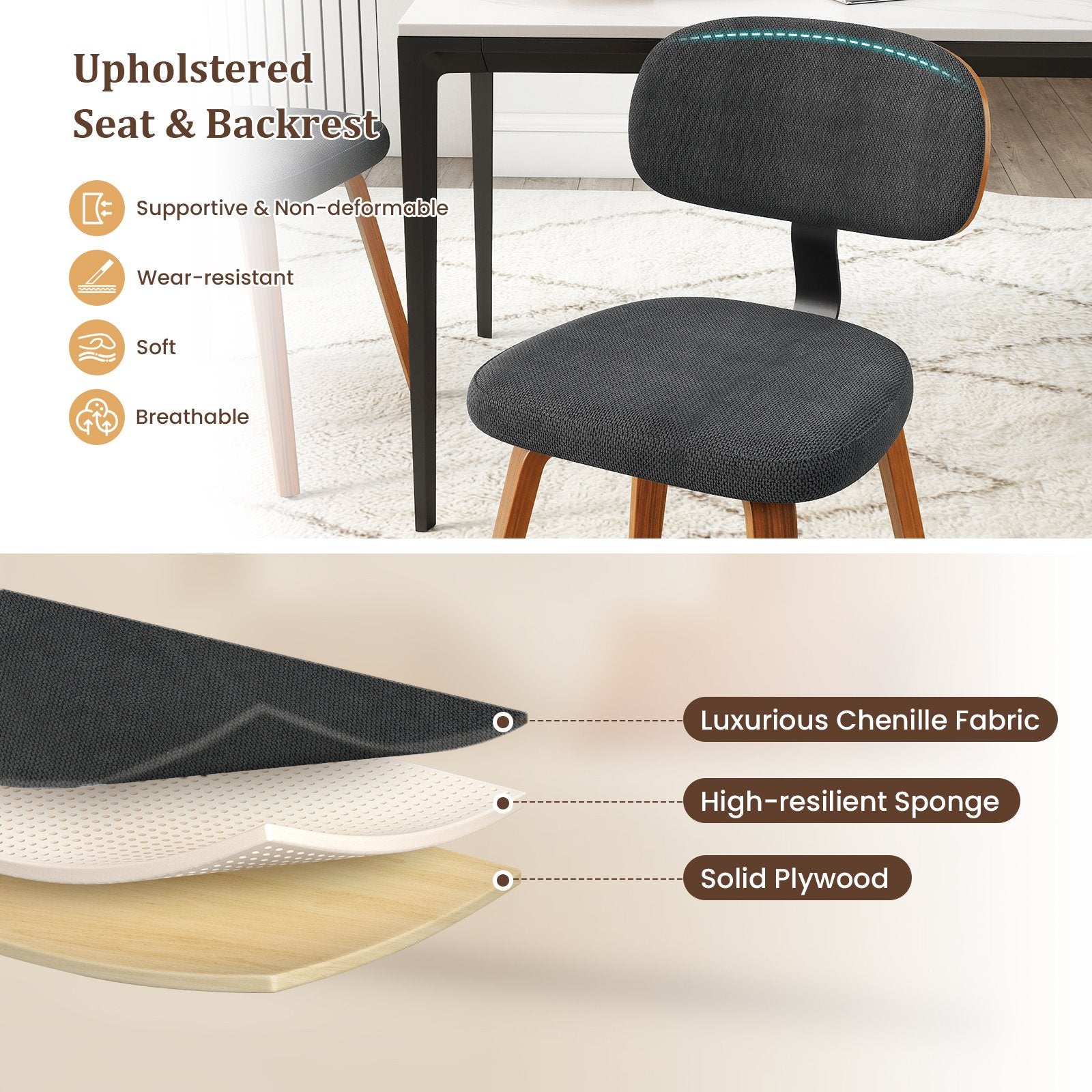 Chenille Fabric Upholstered Wooden Kitchen Chairs Set of 2, Dark Gray Dining Chairs at Gallery Canada