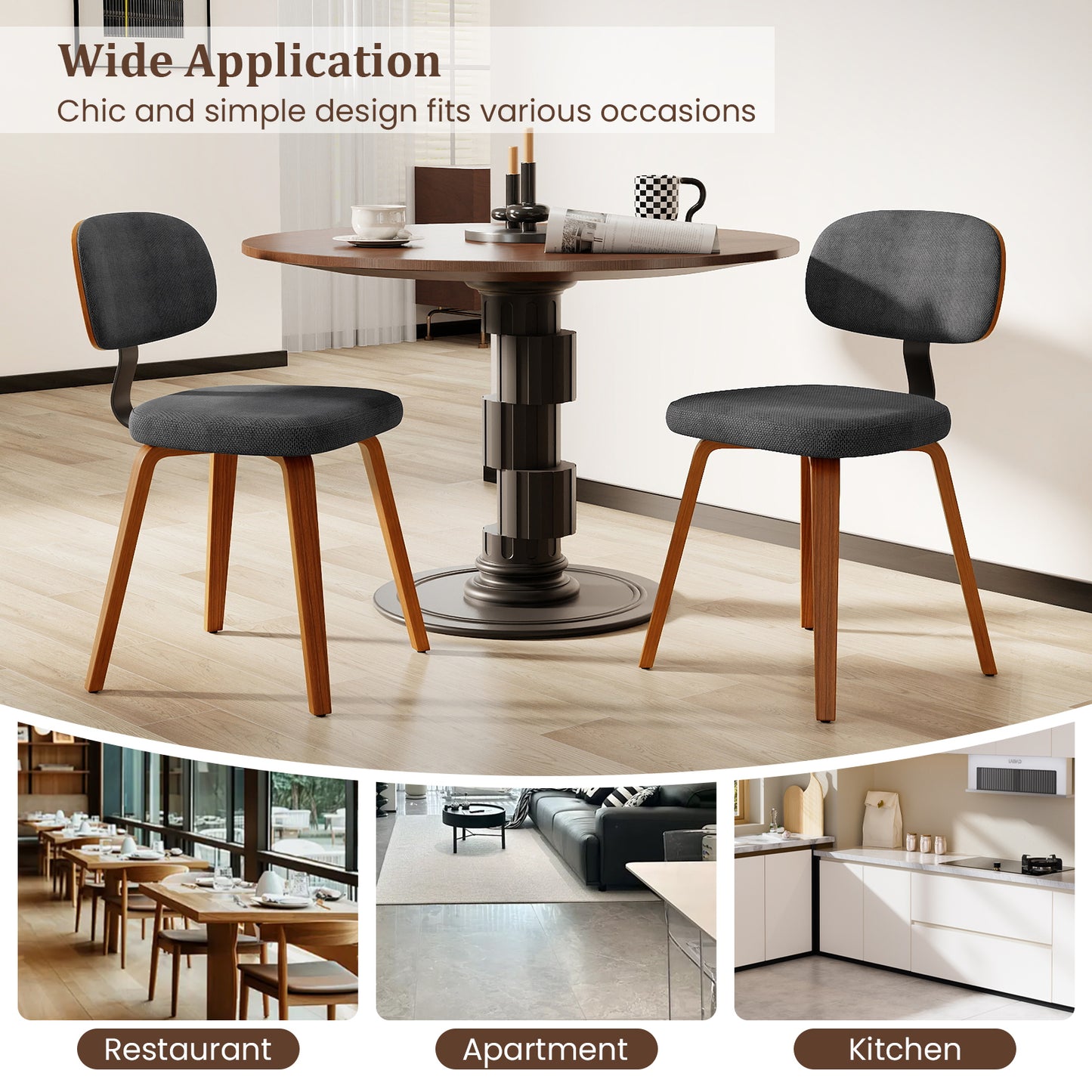 Chenille Fabric Upholstered Wooden Kitchen Chairs Set of 4, Dark Gray Dining Chairs at Gallery Canada