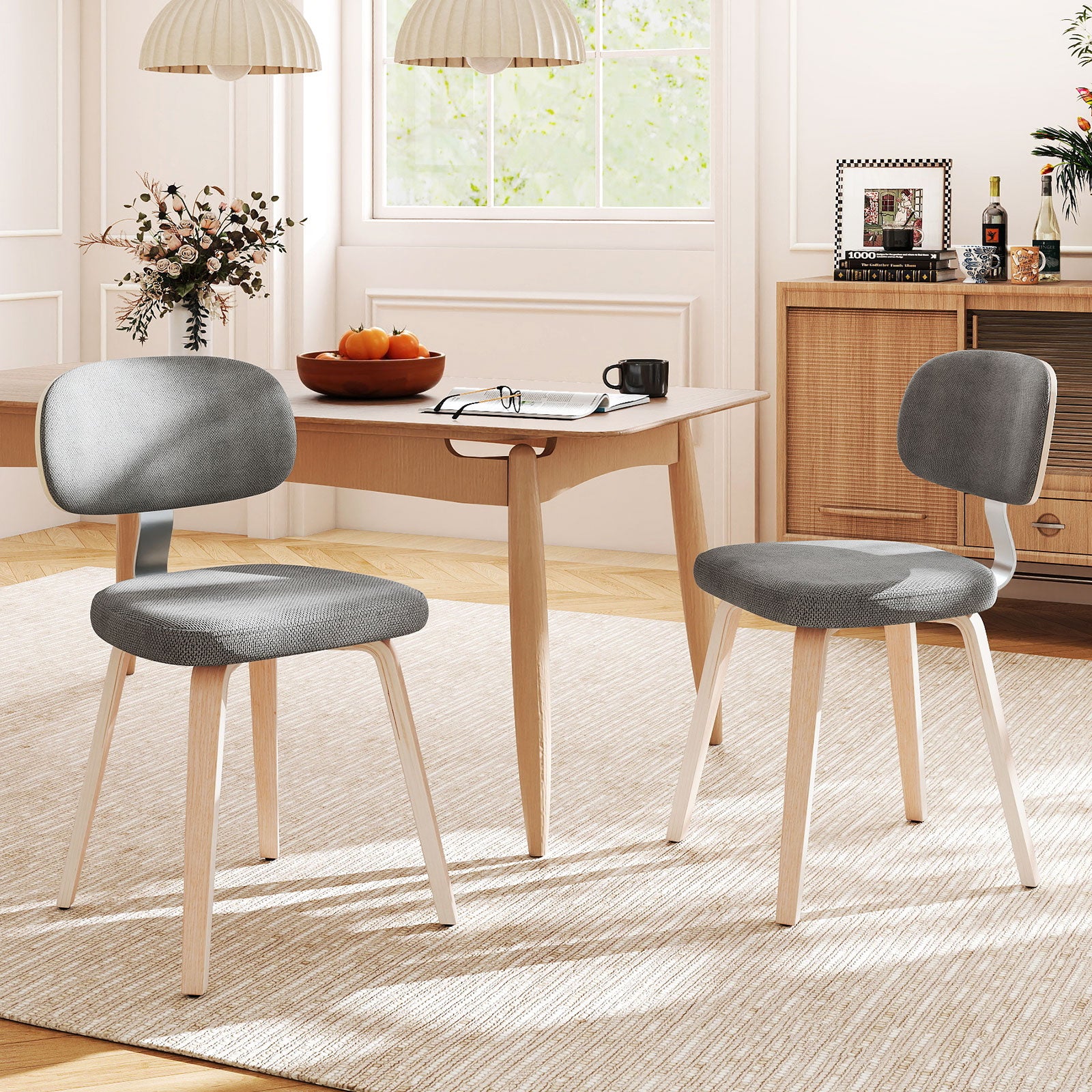 Chenille Fabric Upholstered Wooden Kitchen Chairs Set of 2, Gray Dining Chairs at Gallery Canada