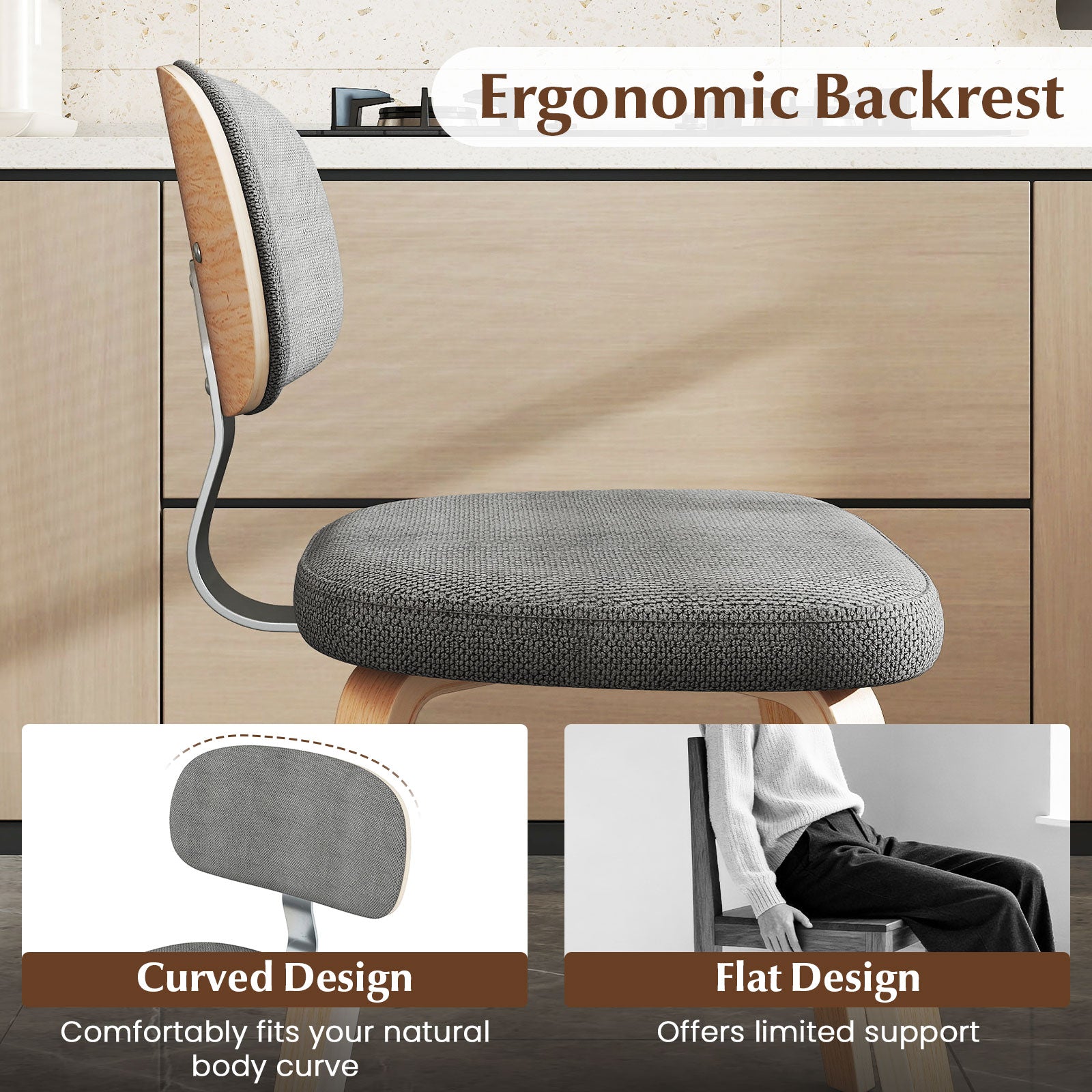 Chenille Fabric Upholstered Wooden Kitchen Chairs Set of 2, Gray Dining Chairs at Gallery Canada