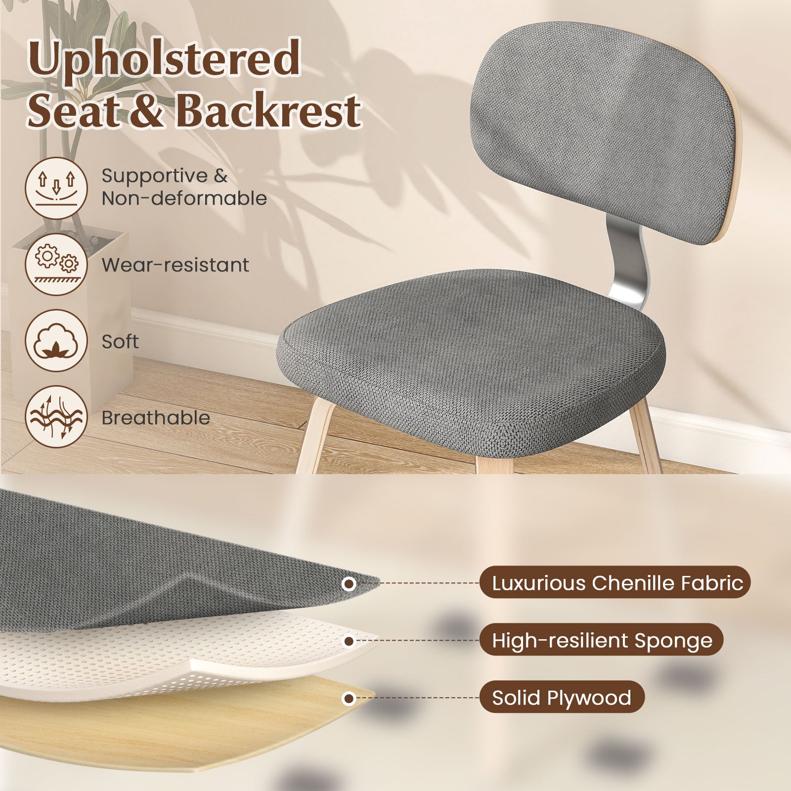 Chenille Fabric Upholstered Wooden Kitchen Chairs Set of 2, Gray Dining Chairs at Gallery Canada