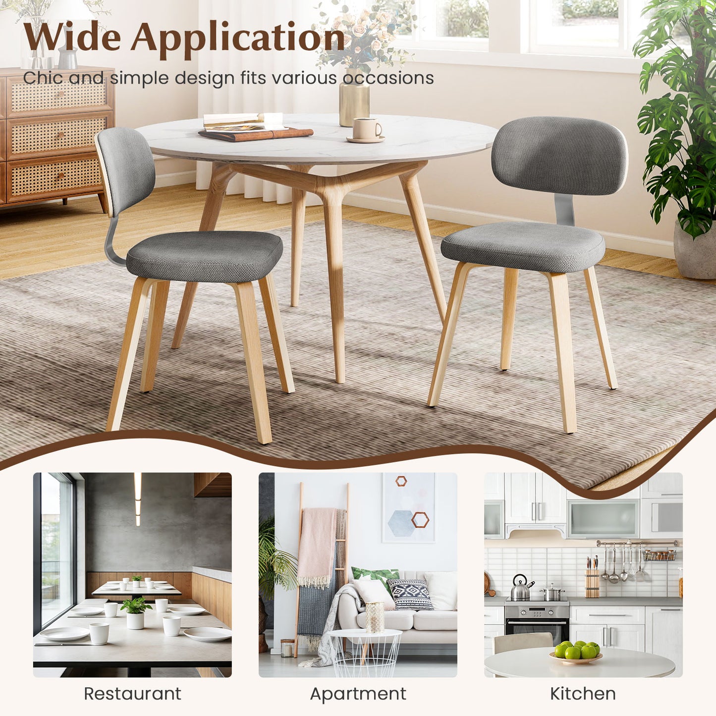 Chenille Fabric Upholstered Wooden Kitchen Chairs Set of 2, Gray Dining Chairs at Gallery Canada