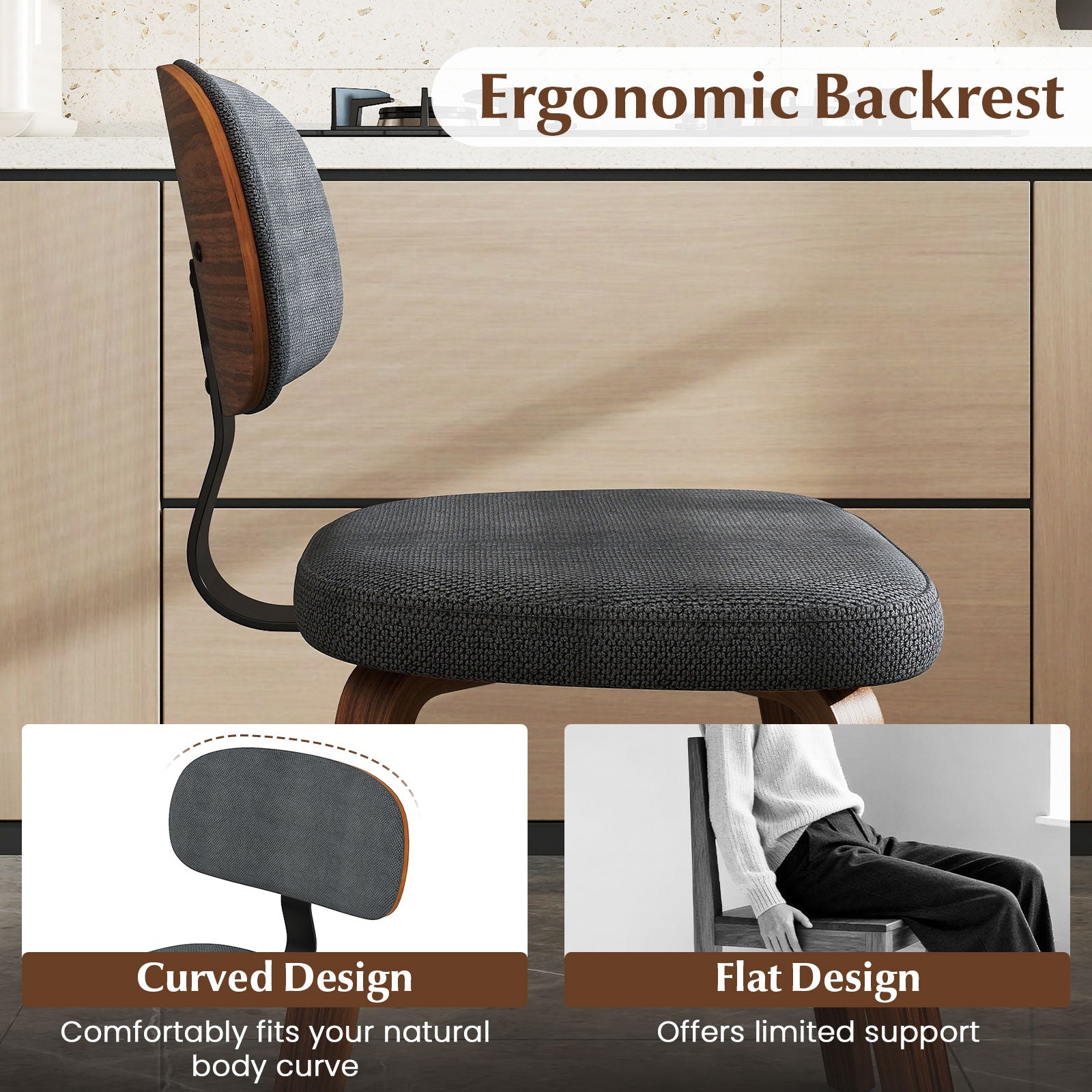 Chenille Fabric Upholstered Wooden Kitchen Chairs Set of 2, Dark Gray Dining Chairs at Gallery Canada