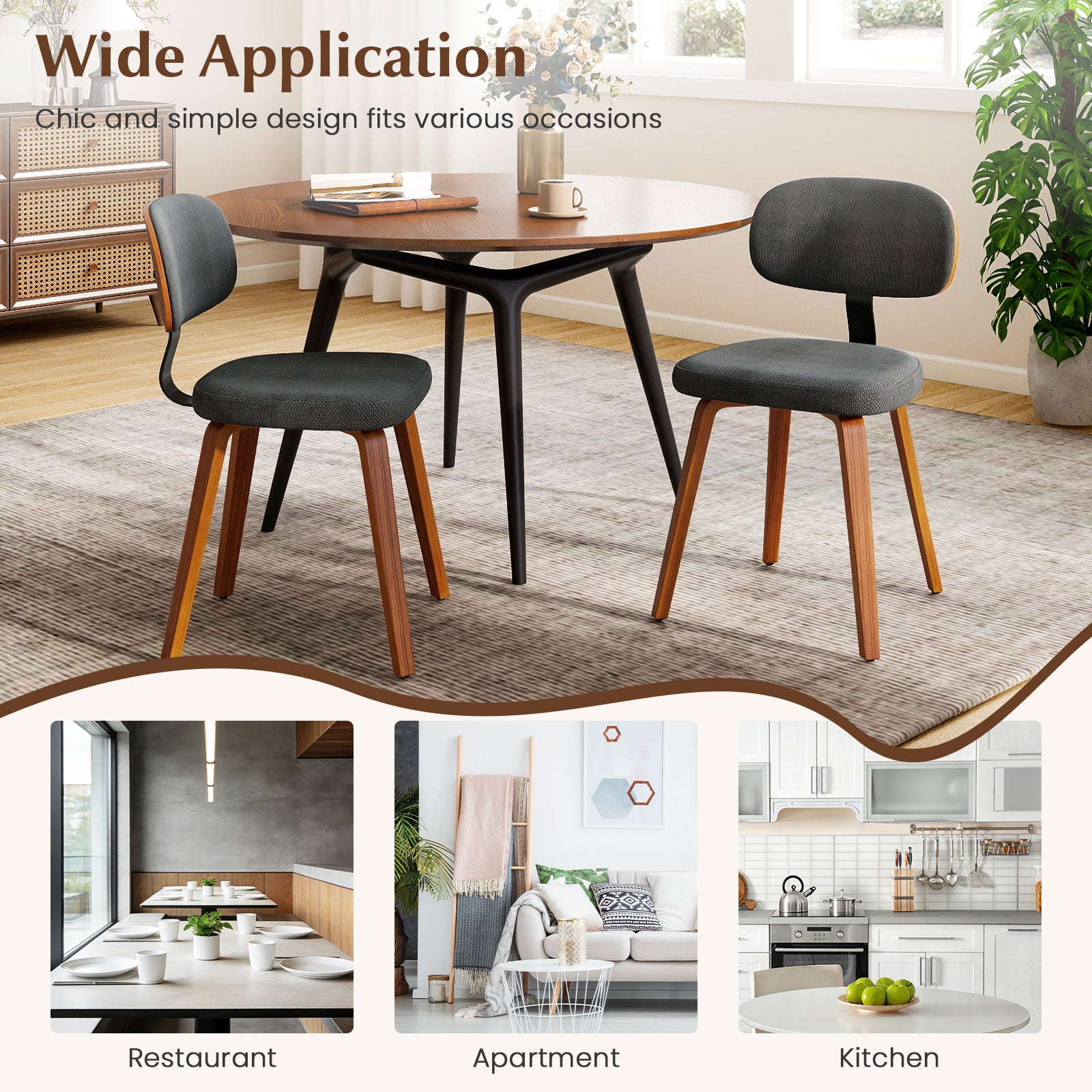 Chenille Fabric Upholstered Wooden Kitchen Chairs Set of 2, Dark Gray Dining Chairs at Gallery Canada