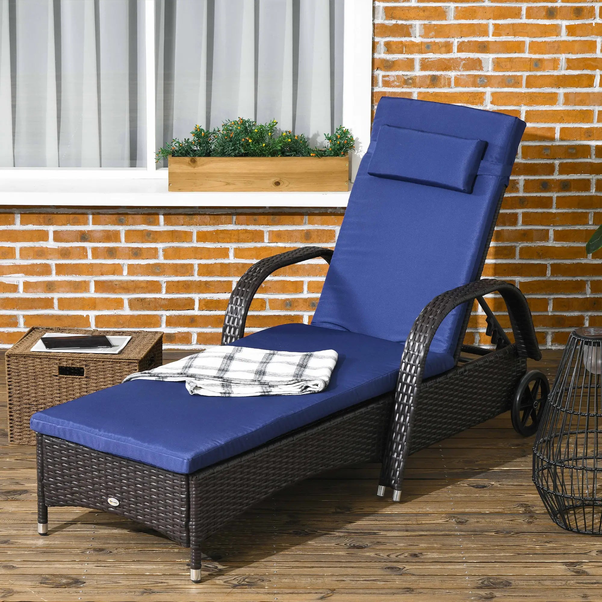 Outdoor Lounger, Deck Chair with Headrest, 5-Level Adjustable, Deep Coffee, Navy Blue Chaise Loungers at Gallery Canada
