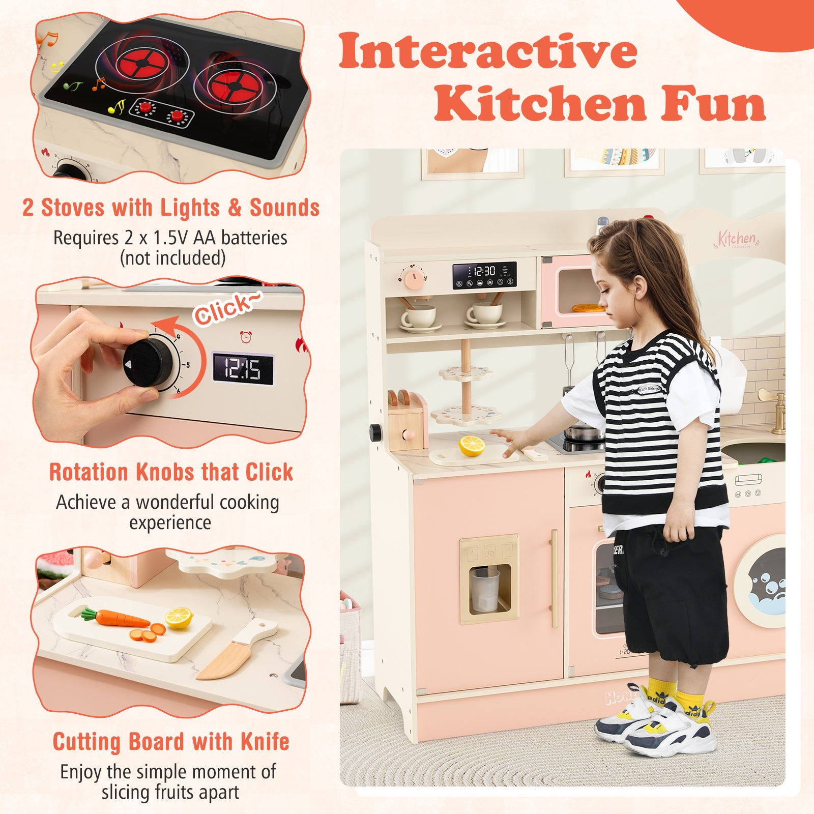 Children Pretend Toy Kitchen Playset with Light and Sound, Pink Play Kitchen Sets at Gallery Canada