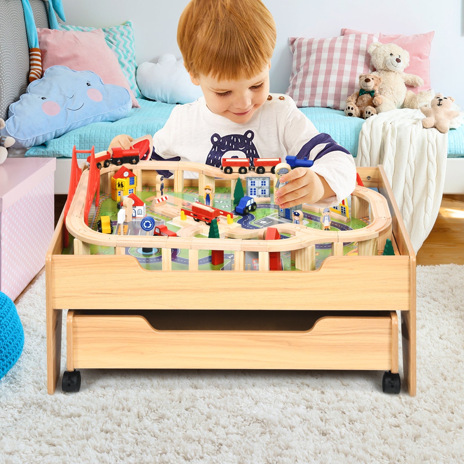 Kids Wooden Train Set Table, 100 Pieces, Lockable Wheels, Natural, Multicolor Learning Toys at Gallery Canada