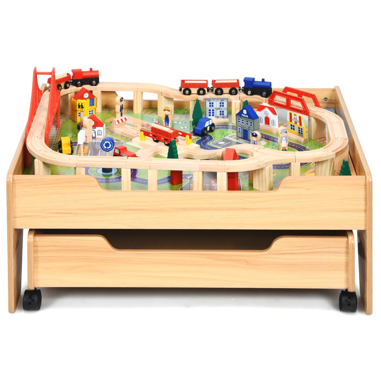 Kids Wooden Train Set Table, 100 Pieces, Lockable Wheels, Natural, Multicolor Learning Toys at Gallery Canada
