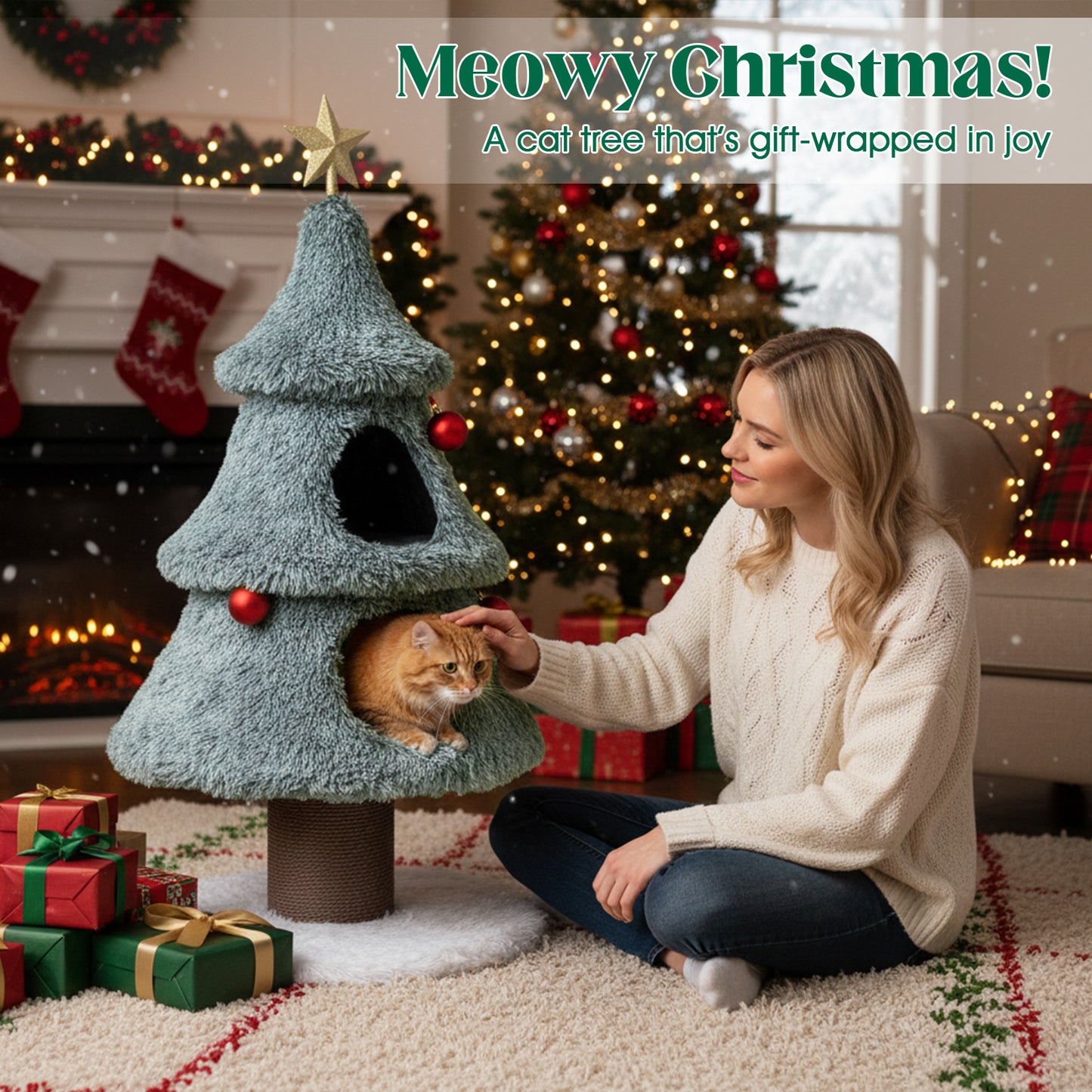 Christmas Cat Tree For Indoor Cats, 48.5 Inch, 2 Condos Scratching Post, Green Cat Trees Condos & Scratchers at Gallery Canada