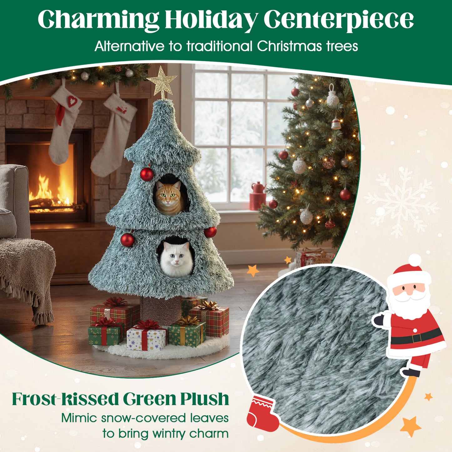 Christmas Cat Tree For Indoor Cats, 48.5 Inch, 2 Condos Scratching Post, Green Cat Trees Condos & Scratchers at Gallery Canada