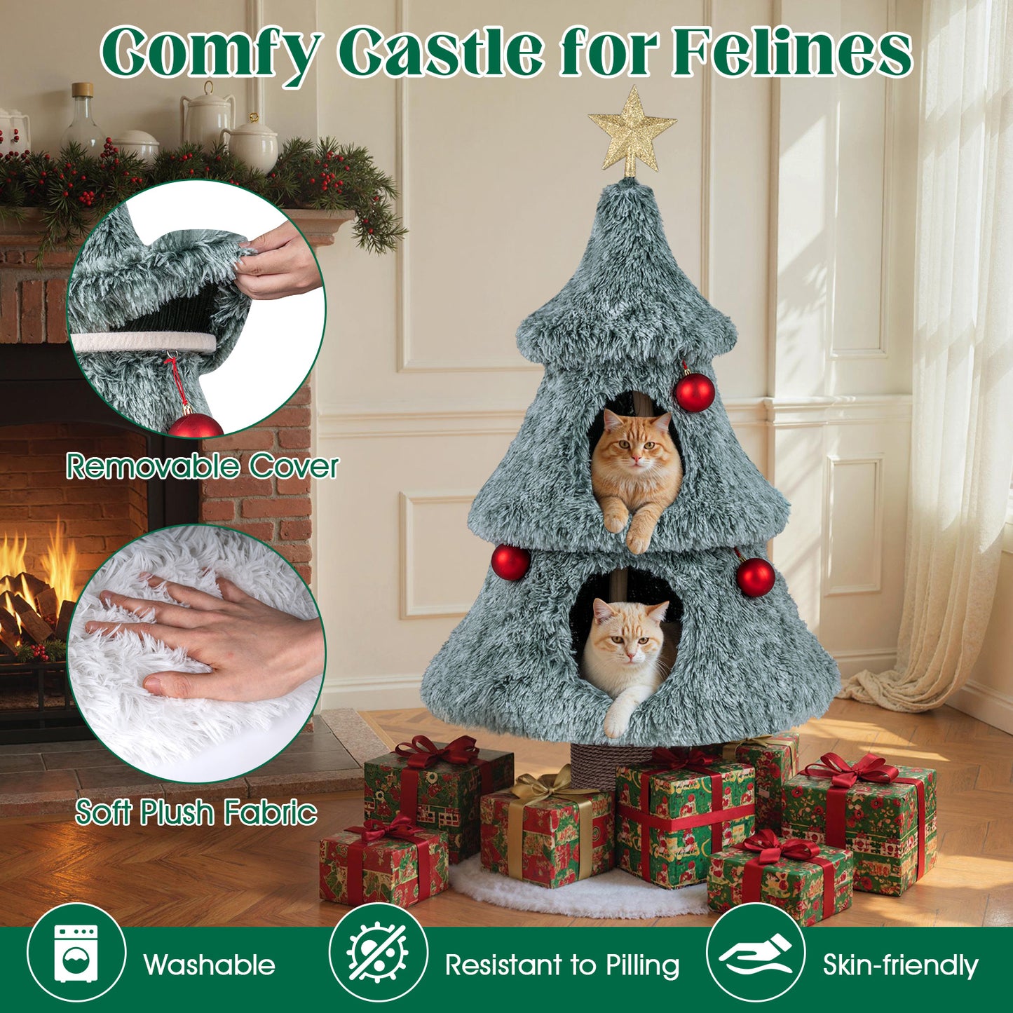 Christmas Cat Tree For Indoor Cats, 48.5 Inch, 2 Condos Scratching Post, Green Cat Trees Condos & Scratchers at Gallery Canada