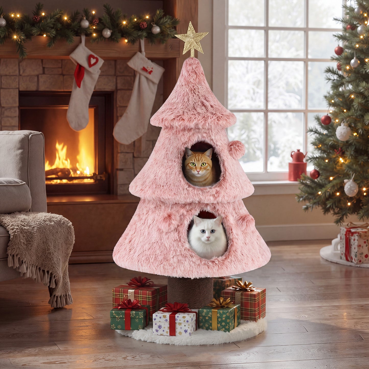 48.5 inch Christmas Cat Tree, 2 Condos, Scratching Post, Pink