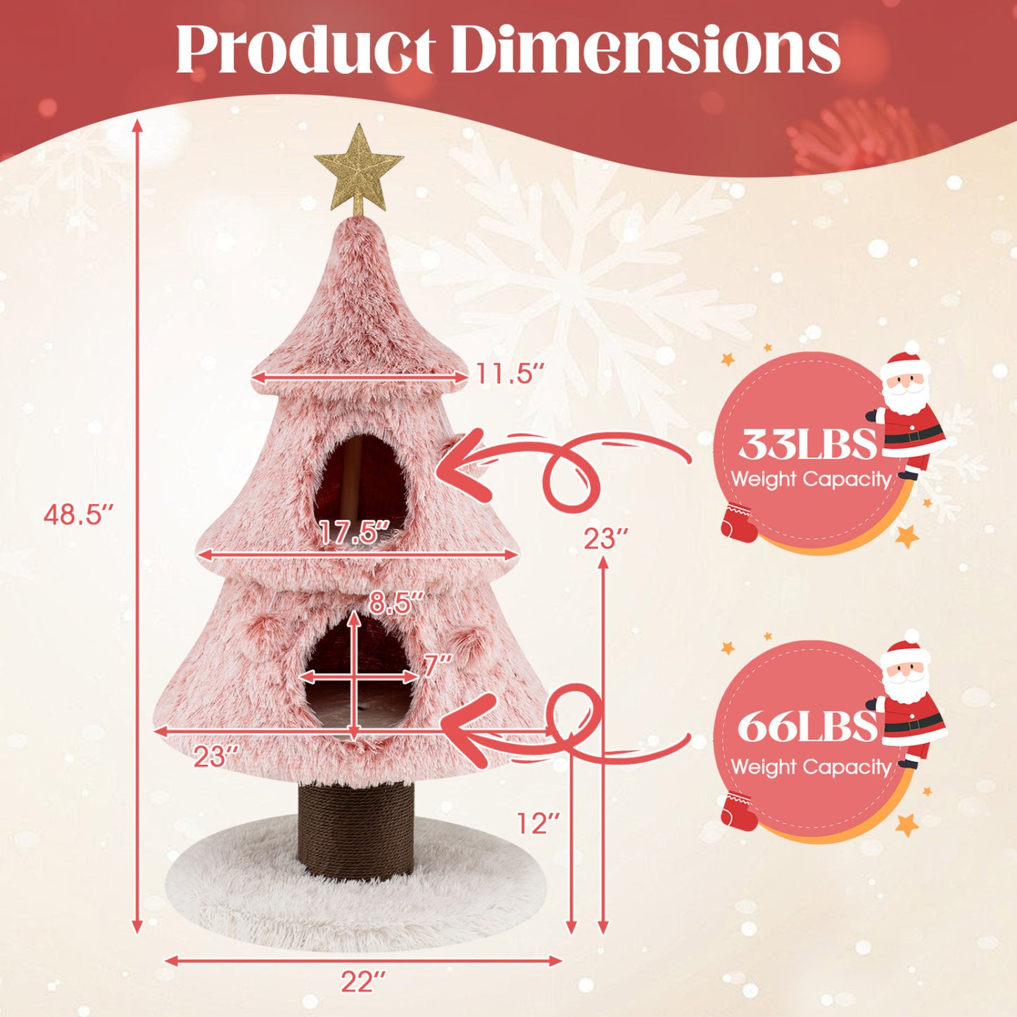 48.5 inch Christmas Cat Tree, 2 Condos, Scratching Post, Pink
