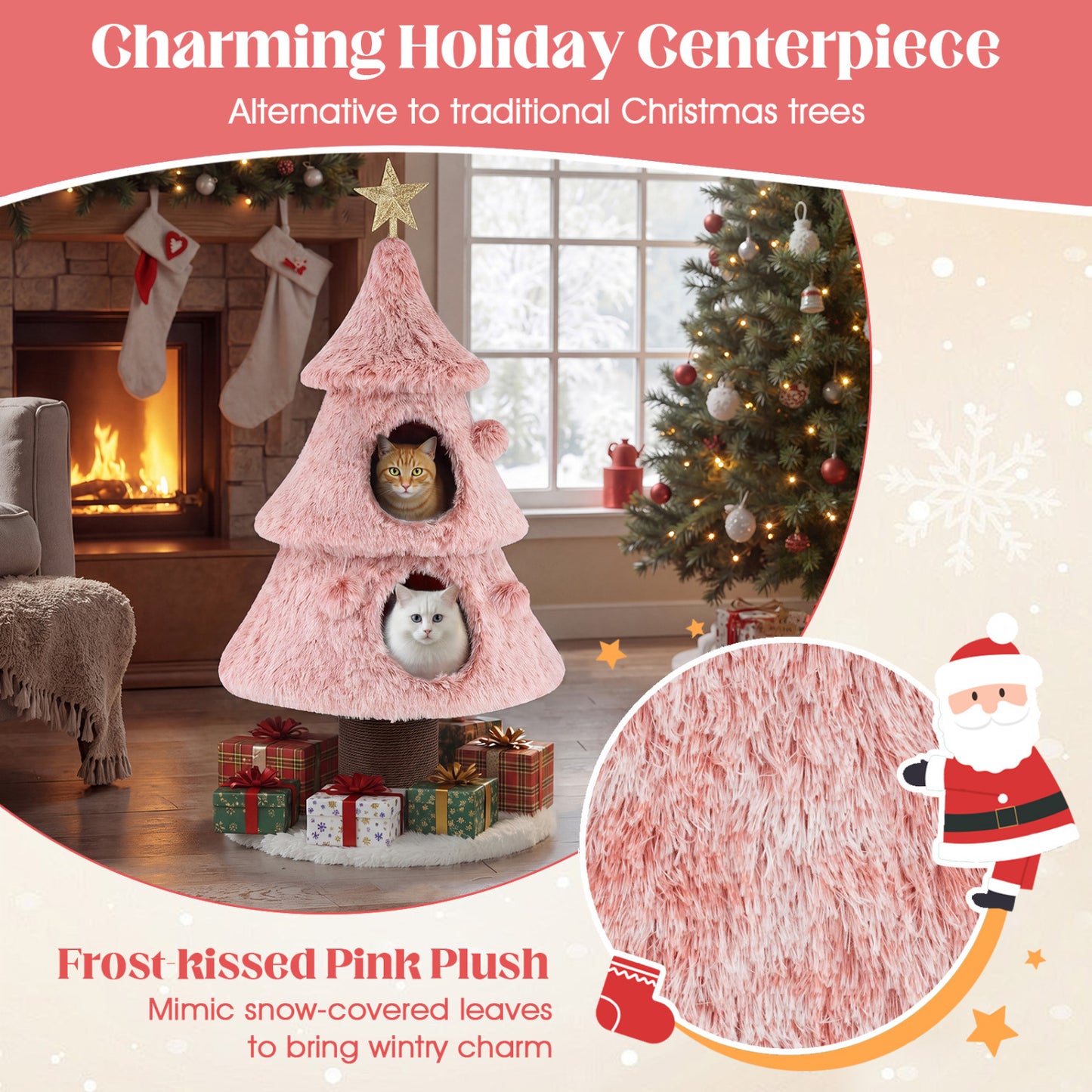 48.5 inch Christmas Cat Tree, 2 Condos, Scratching Post, Pink