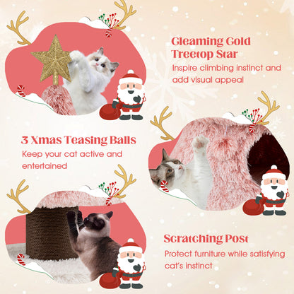 48.5 inch Christmas Cat Tree, 2 Condos, Scratching Post, Pink