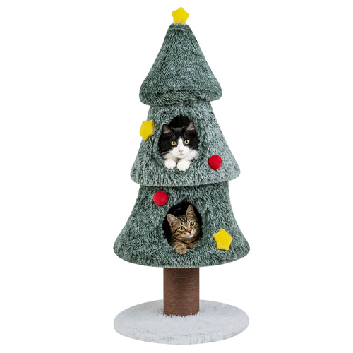 Christmas Cat Tree with 2 Condos, Scratching Post, Green