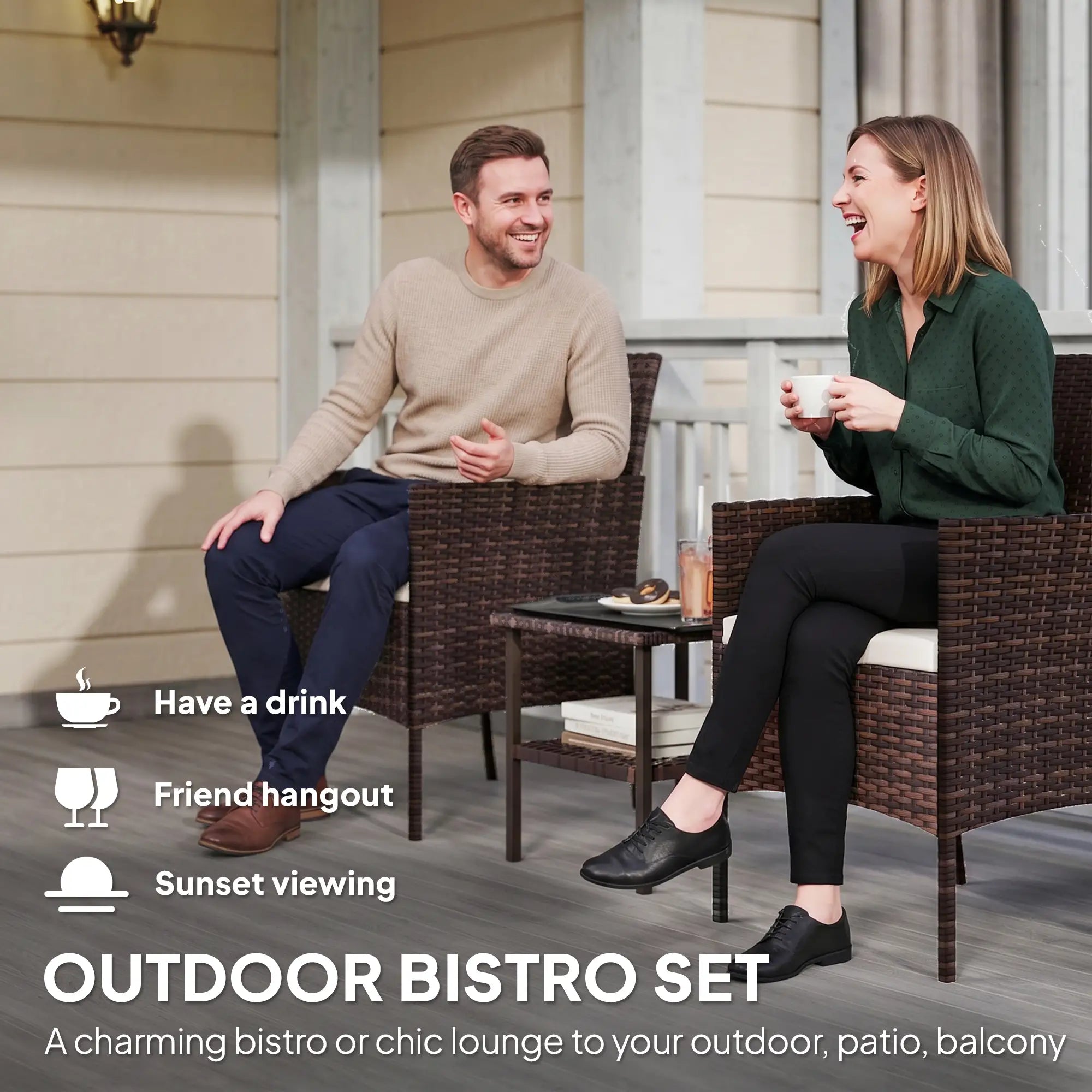 3-Piece Wicker Bistro Set, 2-Tier Glass Top Table, Beige Bistro Sets at Gallery Canada
